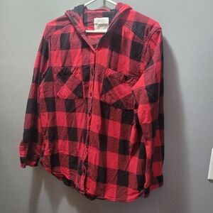 Bluenotes Buffalo Plaid Check Hooded Button Up Shirt L